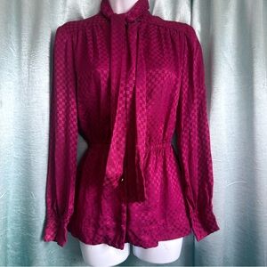 Vintage 70s  Burgundy checkered jacquard tie-neck blouse cinched waist medium